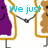 Pixelated cartoon characters in purple and brown hold hands inside a golden frame with blue text reading "We just go together" on white background.