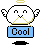 Pixelated cartoon character with white rounded body, black eyes, yellow mouth lines, and small wings holding a blue sign reading 'Cool' against gray background.