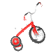 Red tricycle with white handlebars and seat rotates through multiple angles against gray background.