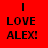 A 48x48 pixel animated contact sheet showing two frames of a red background with black and white text reading "I LOVE ALEX!" in different color schemes.