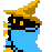 Four pixelated frames of a blue character with a yellow hat and black mask, showing sequential movement of arms and head against a gray background.