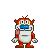Pixel art character with red and white body, blue mouth, yellow eyes, brown accents, and pink tongue sticking out against gray background.