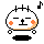 Pixelated white circular character with orange cheeks, black eyes and mouth, small black dots on top of head, and a black base; musical note appears in upper right corner.