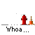 Pixel art animation of a yellow-shirted figure with white head performing actions near red fire hydrant and orange traffic cone, with "Whoa ..." text below.