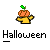 Pixelated graphic of a yellow figure holding a pumpkin with a green stem, below which is the word 'Halloween' in blocky text.