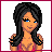 Pixel art of a woman with long black hair and blue eyes in multiple poses, including standing, dancing, and wearing a black dress with red accents.
