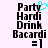 Pixelated text reads Party Hardi Drink Bacardi =] with a cyan heart symbol above 'Party' on the left side of two identical