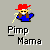Pixelated character with red hat, blue shirt, brown vest, and yellow cane against gray background; text below reads "Pimp Mama" in blocky font.