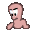 Pixelated character with pink skin and brown hair in various poses, some holding green objects or displaying different facial expressions.