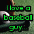 A baseball-themed buddy icon with green text overlays showing 'I love a baseball guy...', 'C.A.L.E.B', '<3', and '2-29-08' on a grassy field background.