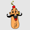 Four cartoon character head views with red fez, black mustache, and yellow ear ring on light gray background.