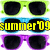 Animated sequence of sunglasses icons with changing frame colors and text overlays reading 'summer'09' in multiple hues.