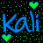 Pixelated graphic with blue and green text 'Kali Kali' on black background, surrounded by scattered green and blue squares and four heart shapes.