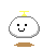 Pixelated character with white rounded body, yellow top, brown base, and red cheeks, shown in four variations with text and musical note.