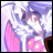 Pixelated anime-style character with long purple hair and pink clothing, standing against a light purple background with white cloud-like shapes.