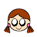 Pixel art of a character with brown pigtails, pink earrings, and two expressions: one smiling with open eyes, the other winking with closed eyes.