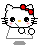 Pixel art of a white cat with black eyes, yellow nose, pink cheeks, and red bow in four distinct poses on gray background.
