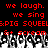Red pixelated text on black background with grayscale crowd at bottom, repeating phrases and symbols.