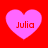 Four pink heart shapes on a red background, each containing the text "Julia" in red pixelated font.