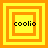 Four square display the word 'coolio' in black pixelated text over yellow and orange concentric squares with varying border thicknesses