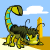 Animated pixel art of a scorpion-like creature in desert setting with six frames showing tail movement and head position changes.