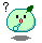 Pixelated green fruit-like character with black eyes, red mouth, and green leaf, positioned between two question marks on gray background.