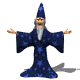 Animated wizard in blue star-patterned robe with gray beard and pointed hat, performing sequential arm movements against white background.