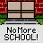 Pixel art of four showing school scenes with 'NoMore SCHOOL!' text, varying student groups, and classroom elements like windows, desks, and chalkboards
