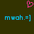 A dark green background features a pink pixelated heart above two identical blue text expressions 'mwoh.=]' in cyan block letters.