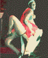 Animated sequence showing a figure in red and white clothing performing dynamic poses against dark backgrounds.