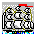Pixelated cartoon ship with red flag, green hull details, white sails, and blue-yellow base on gray background.