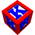 Red cube with blue 'K' symbols on white faces, rotating through multiple angles against a gray background.