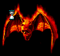 Animated fiery bat with skull head, wings spread wide against black background, displaying sequential motion frames.