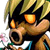 Pixelated close-up of a cartoon character with spiky blonde hair, glowing orange eyes, and an open mouth showing teeth, wearing a dark shirt with blue accents.