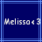 Two identical pixelated text displays on a blue background, each showing 'Melissa<3' in white block letters