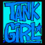 Animated sequence showing 'TANK GIRL' text and a character with green hair, blue skin, and a white top against a blue background.