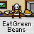 Pixel art animation of a character in a yellow outfit sitting at a table with a turkey, eating green beans, with changing background elements.