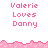 Pixelated pink text 'Valerie Loves Danny' appears in three across a white background, bordered by pink pixelated wave patterns at top and bottom