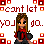Pixel art of a character with long brown hair wearing a red top and black pants, surrounded by red text reading 'cant let you go..' and red-orange square patterns.