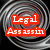 Pixelated red text 'Legal Assasin' on a grayscale spiral background with a central dark spot.