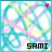 Animated icon with repeating teal and white patterned background, pink diagonal lines, purple star above text "SAMI" that changes color across frames.