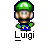 Pixelated character with green cap, blue overalls, and green shirt, standing against gray background with 'Luigi' text below.
