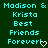 Pixelated cyan text on dark green background reads "Madison & Krista Best Friends Forever!" with white heart symbol replacing final 'l' in "Forever!"