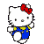 White cat with red bow, blue overalls, and yellow shirt in pixelated animation showing sequential leg movements.
