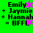 Green background with black text listing names and 'BFFL' equation, pink star shapes scattered across the image.