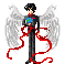 Pixelated character with black hair and white wings holding a blue-and-green sphere, red ribbons flowing from hands against gray background.