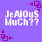 Purple background with white pixelated text "JeALOuS MuCh??" and purple square-dot patterns in four corners.