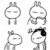 Four pixelated grayscale character poses arranged in a 2x2 grid, each with a rounded head, simple limbs, and distinct facial expressions.