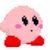 Four pixelated Kirby characters in a : pink, green, blue, and white with black background