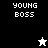 Pixelated 'YOUNG BOSS' text appears on black and gray backgrounds with a white star icon above a black star icon.